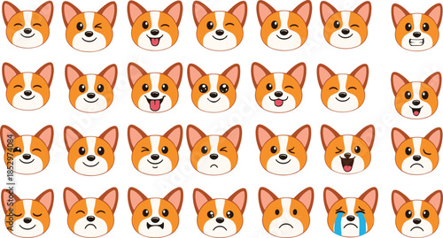 Cute corgi dog face expressions vector set with different emotions cartoon pet character illustrations