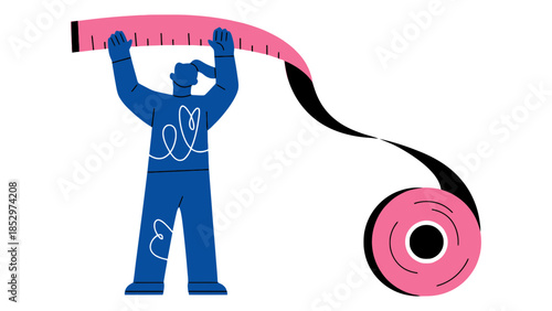 A person holds a large pink measuring tape against a white background.