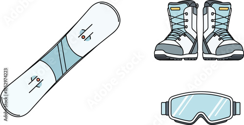 Flat vector illustration of winter sports equipment featuring a professional snowboard boots and protective goggles for mountain skiing and snowboarding.