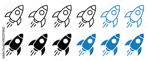 Rocket icon vector minimal, launch startup sign with black and blue outline, spaceship symbol illustration