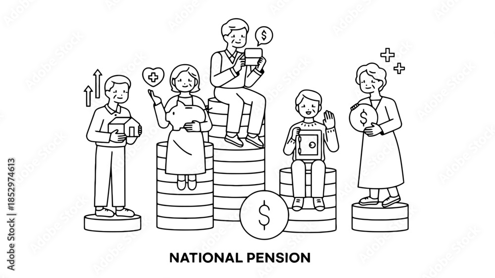 Fototapeta premium People are shown on stacks of coins representing national pension savings.