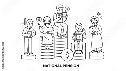 People are shown on stacks of coins representing national pension savings.