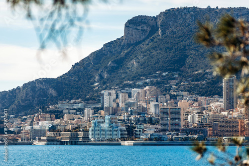 Roquebrune Cap Martin, France - February 9, 2025: View of Monaco skyline and high rise buildings seen from Roquebrune Cap Martin