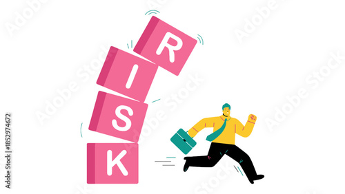 Man runs away from falling blocks spelling the word RISK.