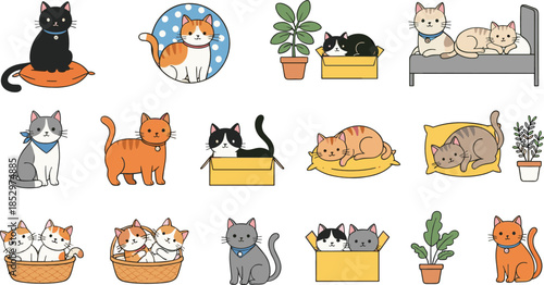 Cute domestic cats vector illustration set with playful sleeping and sitting kitten characters in cozy home scenes