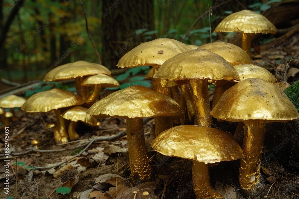 Obraz premium Golden mushrooms thrive in a lush forest, creating a magical and captivating scene