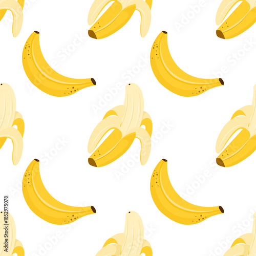 Seamless banana pattern with whole and peeled ripe bananas. Pattern with yellow tropical fruit. Flat vector design for food themes, packaging and healthy lifestyle.