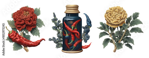 Vibrant Spice Jar Surrounded by Colorful Botanical Elements for Gourmet Visuals