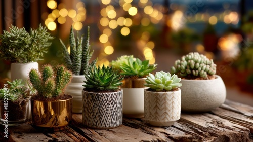 Wallpaper Mural Small green succulents and cacti in patterned pots sit on a wooden surface by warm lights Torontodigital.ca