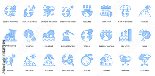 Climate Change icon set. Containing global warming, climate change, extreme weather, green house effect, earthquake, flooding, volcano, iceberg icon. Lineal blue style