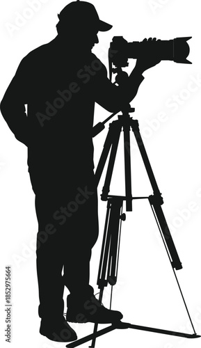 Professional photographer silhouette using camera on tripod for studio photography videography media production isolated vector illustration design set white background