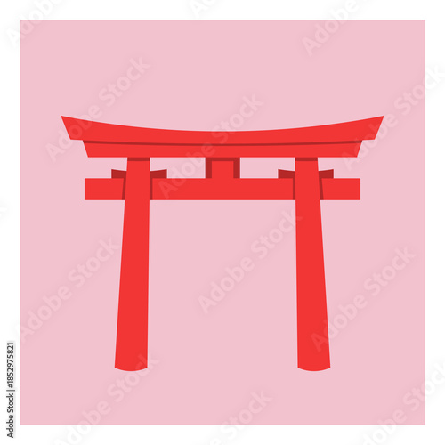 Minimalist flat vector illustration of a traditional Japanese torii gate in red on a soft pink background. Symbol of Shinto religion, spirituality, Japanese culture, travel, and sacred places. 
