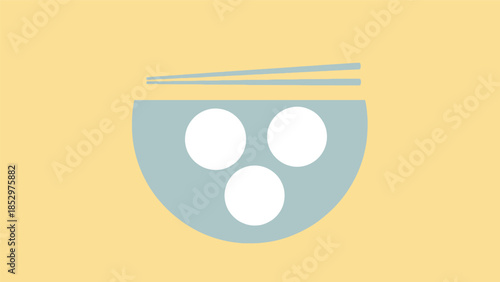 Minimalist graphic illustration of a blue bowl with three white circles and chopsticks on a light yellow background, representing a meal or food item.