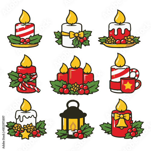 Holiday Candle Icons Set – Minimal Flat Christmas Candle Vector Collection