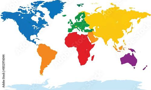 Colorful World Map Vector Illustration with Distinctly Colored Continents Isolated on White Background
