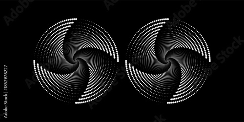 Set of black thick halftone dotted speed lines. Speed lines in circle form. Geometric art. Design element for frame, logo, tattoo, web pages, prints, posters, template, abstract vector background.