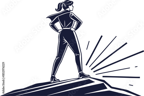 Empowered woman superhero on peak