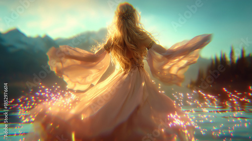 Magical wizard girl dancing in the light by the serene lake surrounded by majestic mountains during a vibrant sunset