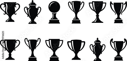 Black Trophy Cup Silhouette Collection Illustration Featuring Award Cups and Championship Trophies for Sports Victory Achievement and Success Concepts