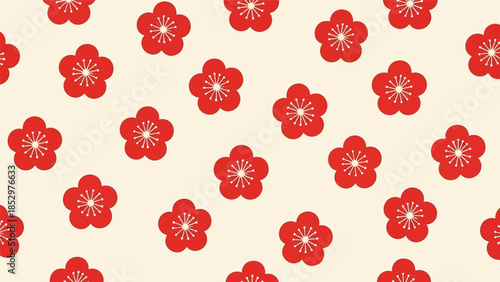Seamless pattern with red plum blossoms on a light background, traditional Japanese floral design.