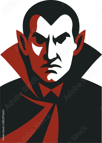 Bild auf Leinwand Minimalist Dracula Portrait in Flat Vector Style, Vampire Head with High Collar