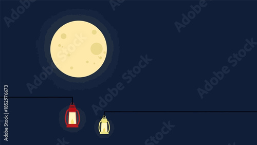 Minimalist illustration of a full moon in a dark night sky with hanging lanterns, creating a serene and festive atmosphere.