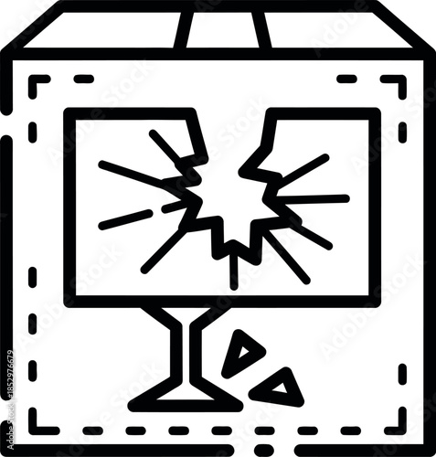 Broken screen monitor in cardboard box damage during shipping sign