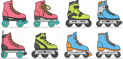 Roller Skates Icon Set Illustration – Colorful Quad Skating Shoes, Fun Sports Equipment and Retro Activity Vector Design