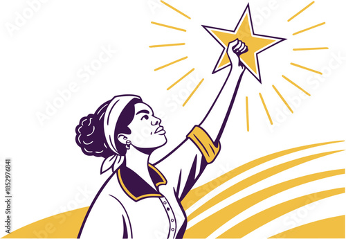 Empowered woman reaching for star illustration