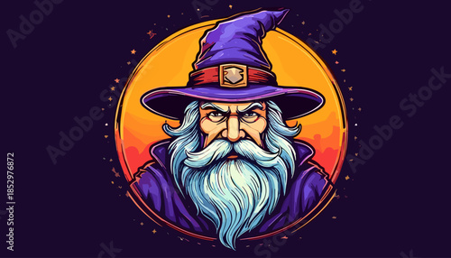 Intense Wizard Portrait with Pointed Hat and Flowing Beard.