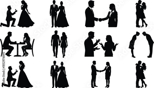 Couple Relationship Silhouette Collection Illustration Showing Proposal Wedding Handshake Conversation Dating and Romantic Moments for Love Marriage and Social Interaction Concepts