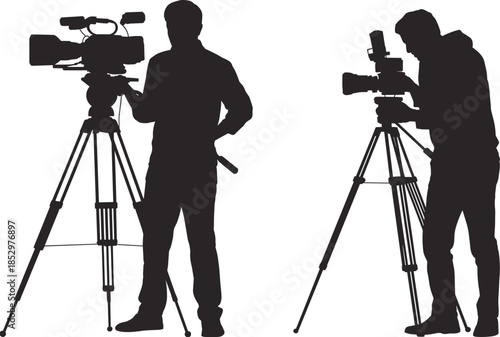 Professional cameraman silhouettes operating broadcast video cameras on tripods black vector illustration isolated on white background media production studio scene