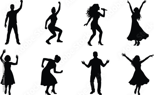 Dancing people silhouette set showing men and women performing energetic dance moves, singing, and celebrating in flat black icon style