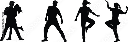 Dancing People Silhouettes Set Showing Couple Dance and Solo Moves for Party, Fitness, Music, Nightlife, Performance, Vector Illustration