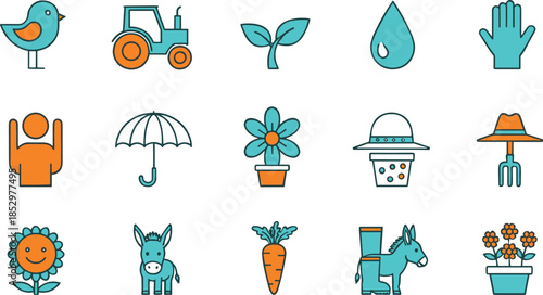 Cute flat vector icon set with farming gardening nature tools plants animals and eco lifestyle elements