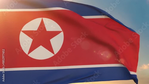 Sunlit North Korean Flag Waving Majestically in the Wind, Symbolizing National Pride