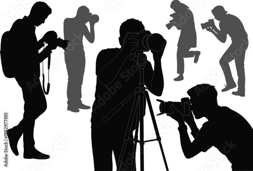 Professional photographer silhouettes capturing images with cameras and tripods for journalism media production documentary photography isolated vector illustration set