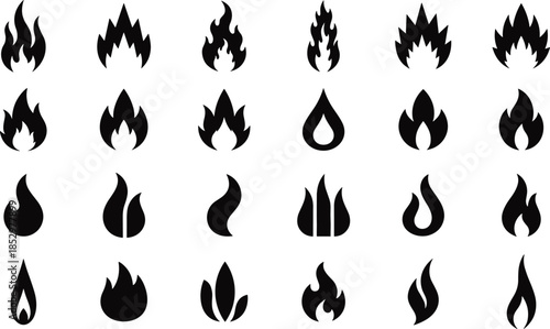 Fire Flame Silhouette Icon Set Collection Showing Various Flame Shapes for Heat Energy Danger Warning Logo and Design Elements