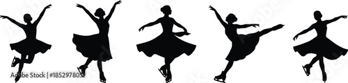 Figure skating silhouette set showing female ice skaters performing elegant spins, jumps, and poses in graceful black flat style