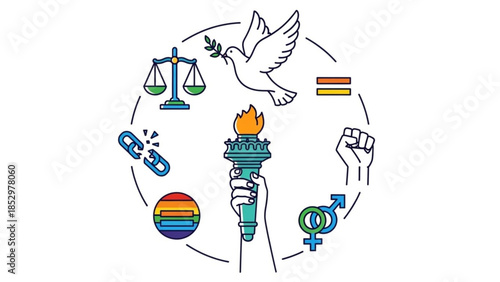 Diversity equality and freedom symbols around torch with flame