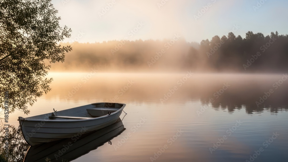 Obraz premium Serene Misty Lake at Sunrise with Lone Boat.