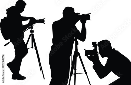 Professional photographers silhouettes capturing moments with cameras and tripods for media production journalism documentary photography isolated vector illustration set
