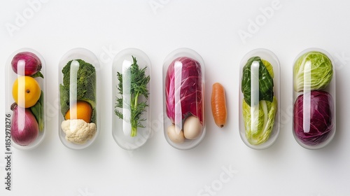 Fruits and vegetables encapsulated in clear capsules, healthy nutrition for dietary