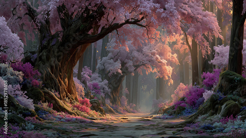 Enchanting spring landscape with blooming cherry trees and vibrant flowers under soft sunlight in a serene fantasy forest
