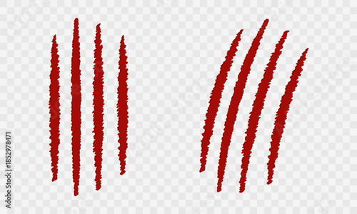 Red beast claw marks vector. Monster scratches and animal attack traces on checkered background. Tear marks for Halloween posters, horror game assets, danger warning signs