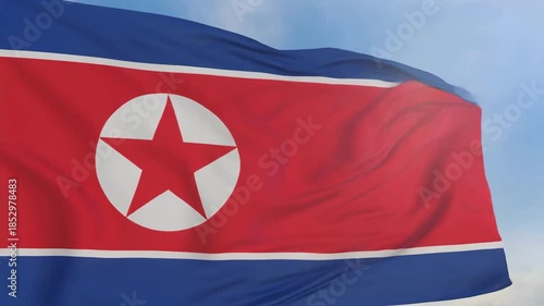 North Korean Flag Waving Proudly with Sunlight Flare, Representing National Identity