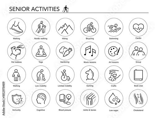 Senior activities set icons. Perfect for health and wellness and pharmacy graphics, this versatile icon set is ideal for health projects. EPS10.