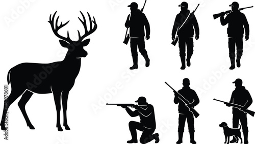 Hunting silhouette set with deer and armed hunters showing outdoor tracking, aiming, and wildlife pursuit in black flat icon style