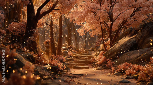 Enchanting spring landscape filled with blooming cherry blossoms and shimmering lights in a serene fantasy forest