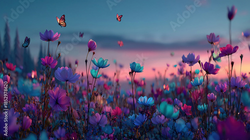 Spring blossoms fill the fantasy landscape with vibrant colors while butterflies dance in the warm evening glow under a colorful sky